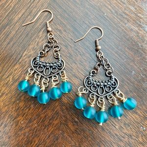 Antique Copper & Deep Sea Green Glass Beaded Chandelier Earrings